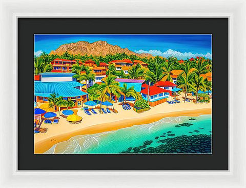 Vibrant Beachfront Hotel Beach Painting - Framed Print
