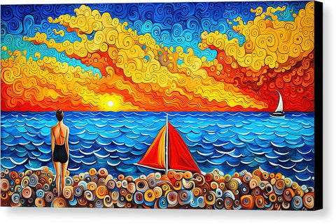 Vibrant Colorful Beach Painting with Woman in One-Piece and Shells Fantasy Art - Canvas Print