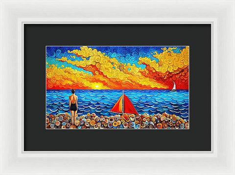 Vibrant Colorful Beach Painting with Woman in One-Piece and Shells Fantasy Art - Framed Print