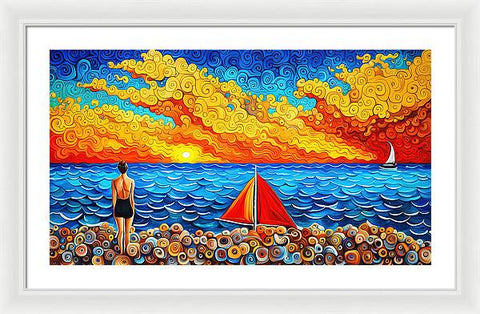 Vibrant Colorful Beach Painting with Woman in One-Piece and Shells Fantasy Art - Framed Print