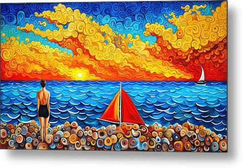 Vibrant Colorful Beach Painting with Woman in One-Piece and Shells Fantasy Art - Metal Print