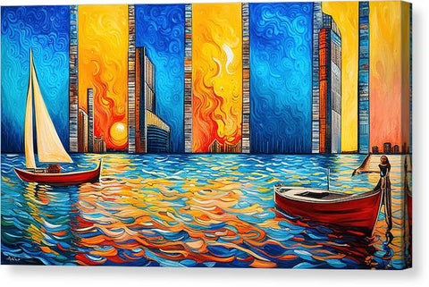 Vibrant Colorful Nautical Art with City and Sunset - Canvas Print