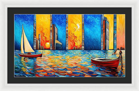 Vibrant Colorful Nautical Art with City and Sunset - Framed Print