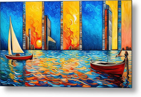 Vibrant Colorful Nautical Art with City and Sunset - Metal Print