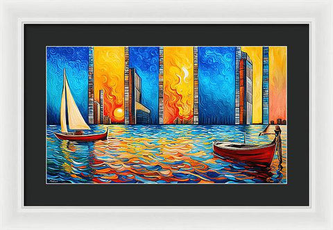 Vibrant Colorful Nautical Art with City and Sunset - Framed Print